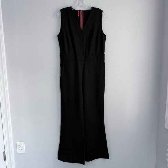 SPANX The Perfect Shaping Pant Jumpsuit L Black Flare Wide Leg Ponte Knit V-Neck - Picture 6 of 16